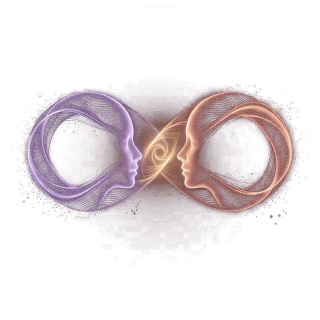 Знак AI Confinity: два лица из частиц, сплетённые в знак бесконечности